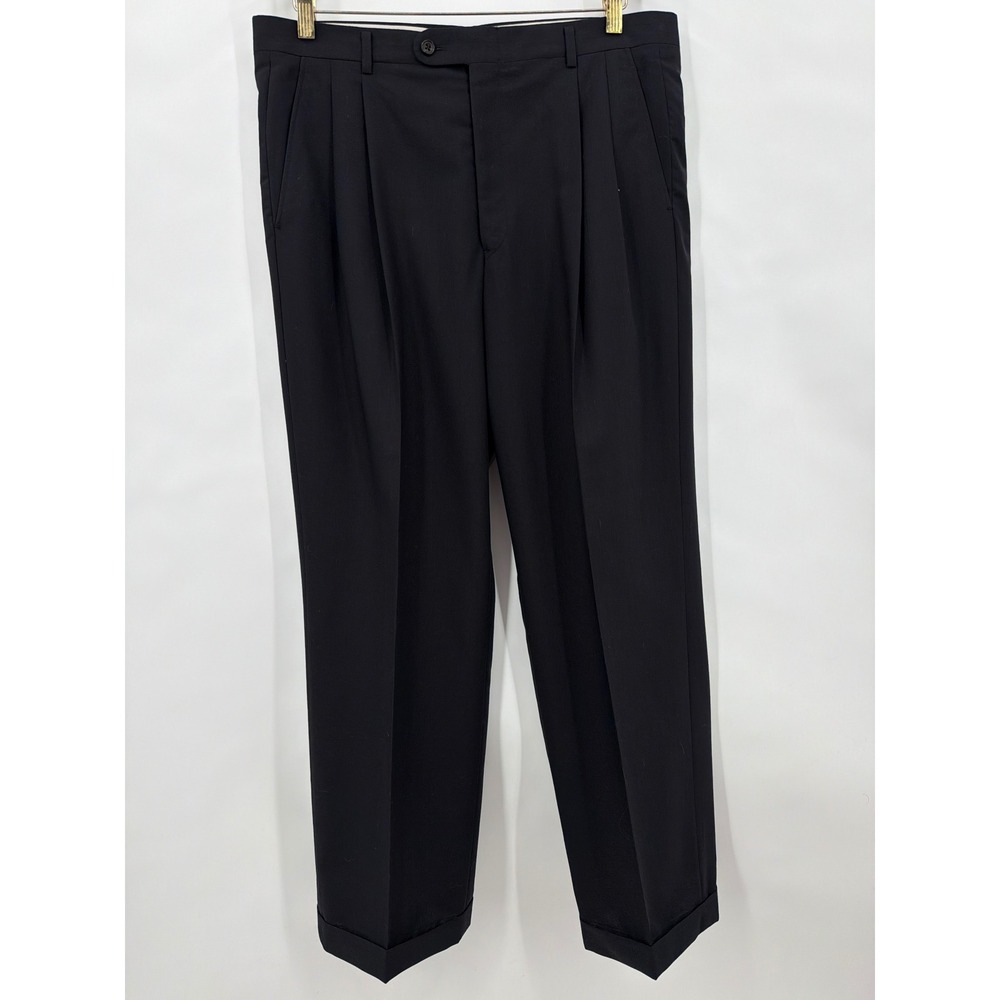 Hickey Freeman Mens Black Wool Pleated Cuffed Dress Pants Trousers 35x29 USA